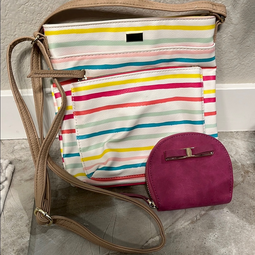 Striped Multicolor Crossbody Bag with suede Coin Purse